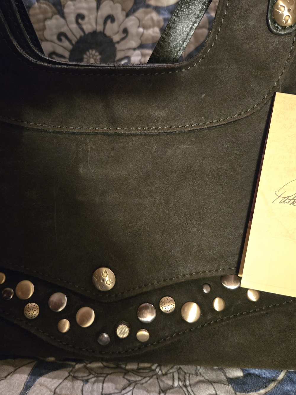 Patricia Nash Olive Green Suede Studded Satchel.  "Like New With Tags" - Picture 3 of 9